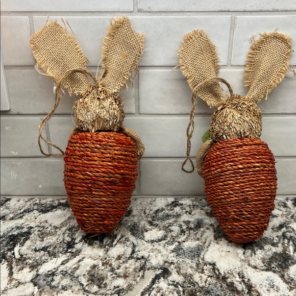 NEW Pair of 2 Pier 1 Rustic Bunny Decor with Orange and Green Accents - Picture 2 of 3
